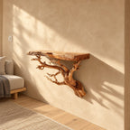 Tree Root Floating Shelf, Live Edge Solid Wood Wall Shelf on a Carved Branching Root Bracket for Living Room