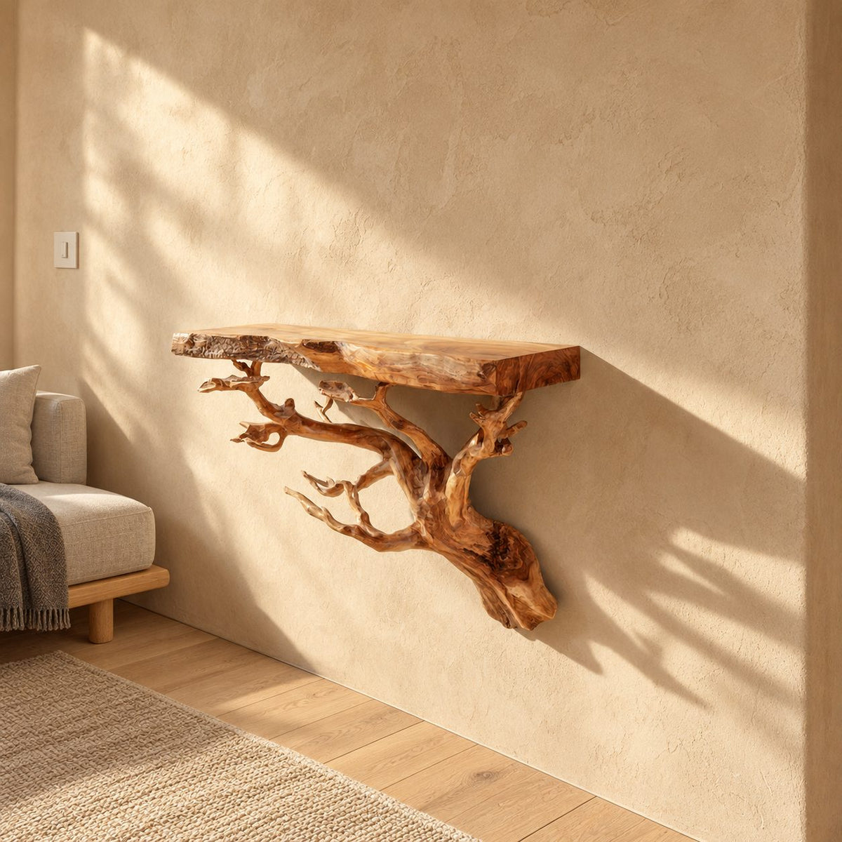 Tree Root Floating Shelf, Live Edge Solid Wood Wall Shelf on a Carved Branching Root Bracket for Living Room