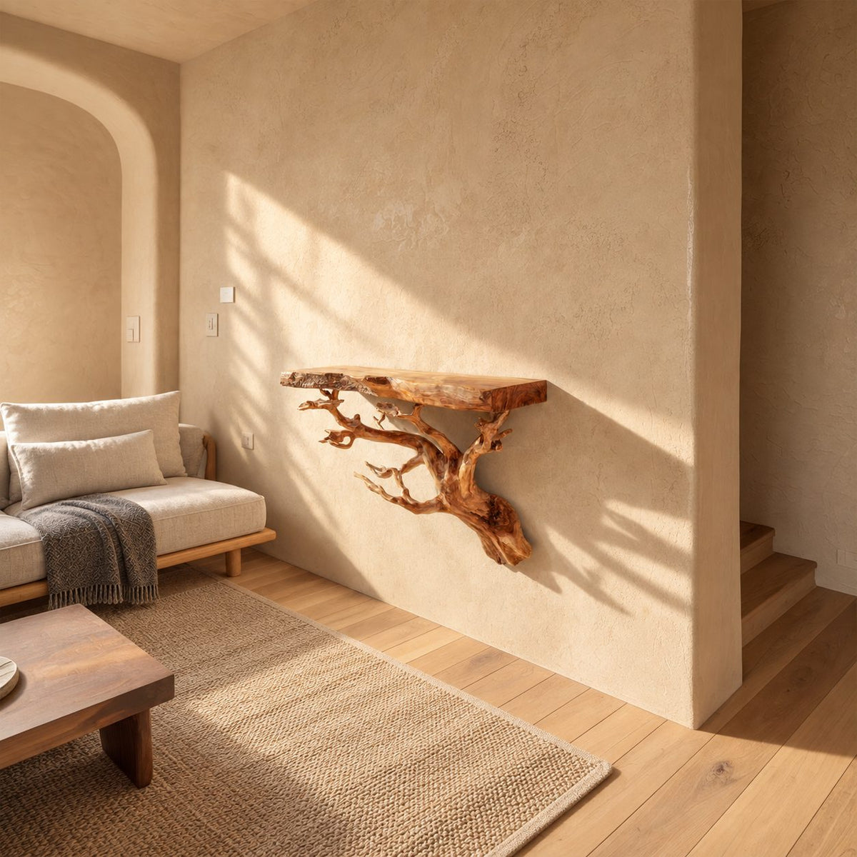 Tree Root Floating Shelf, Live Edge Solid Wood Wall Shelf on a Carved Branching Root Bracket for Living Room