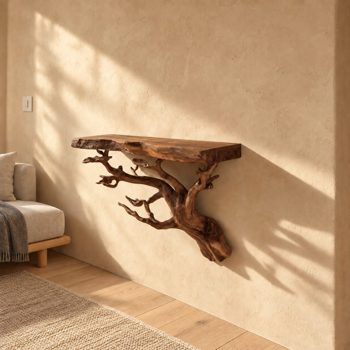 Tree Root Floating Shelf, Live Edge Solid Wood Wall Shelf on a Carved Branching Root Bracket for Living Room