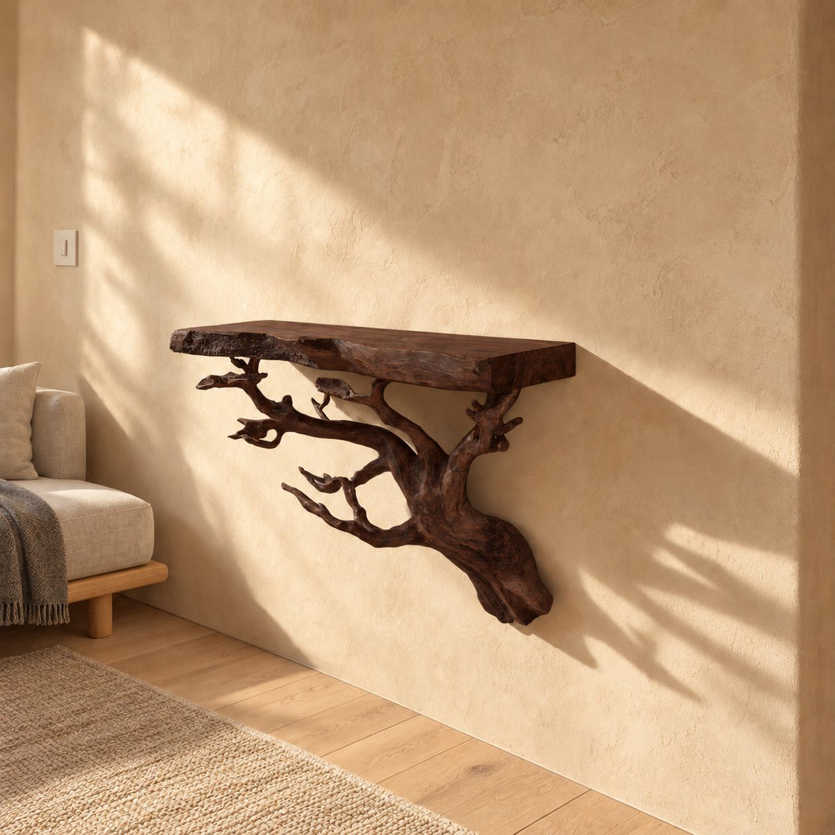 Tree Root Floating Shelf, Live Edge Solid Wood Wall Shelf on a Carved Branching Root Bracket for Living Room