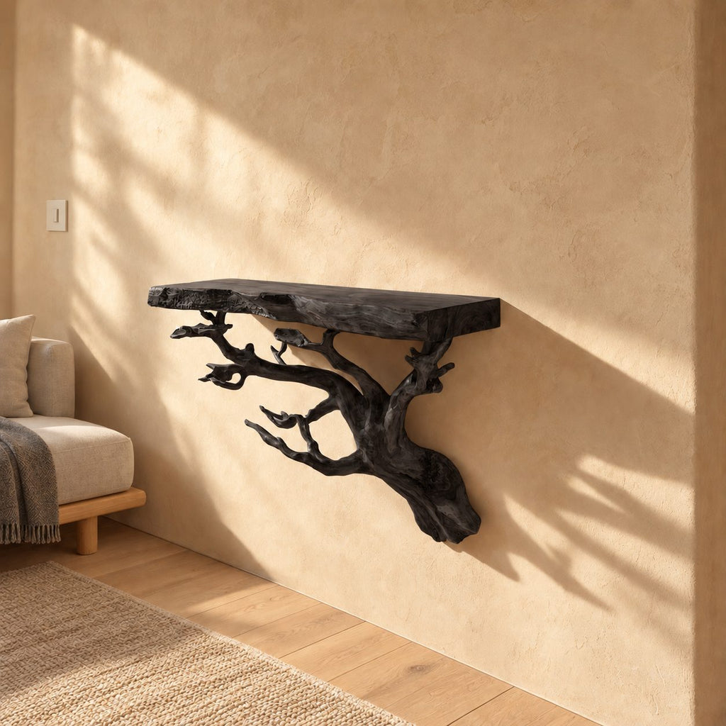 Tree Root Floating Shelf, Live Edge Solid Wood Wall Shelf on a Carved Branching Root Bracket for Living Room