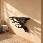 Tree Root Floating Shelf, Live Edge Solid Wood Wall Shelf on a Carved Branching Root Bracket for Living Room