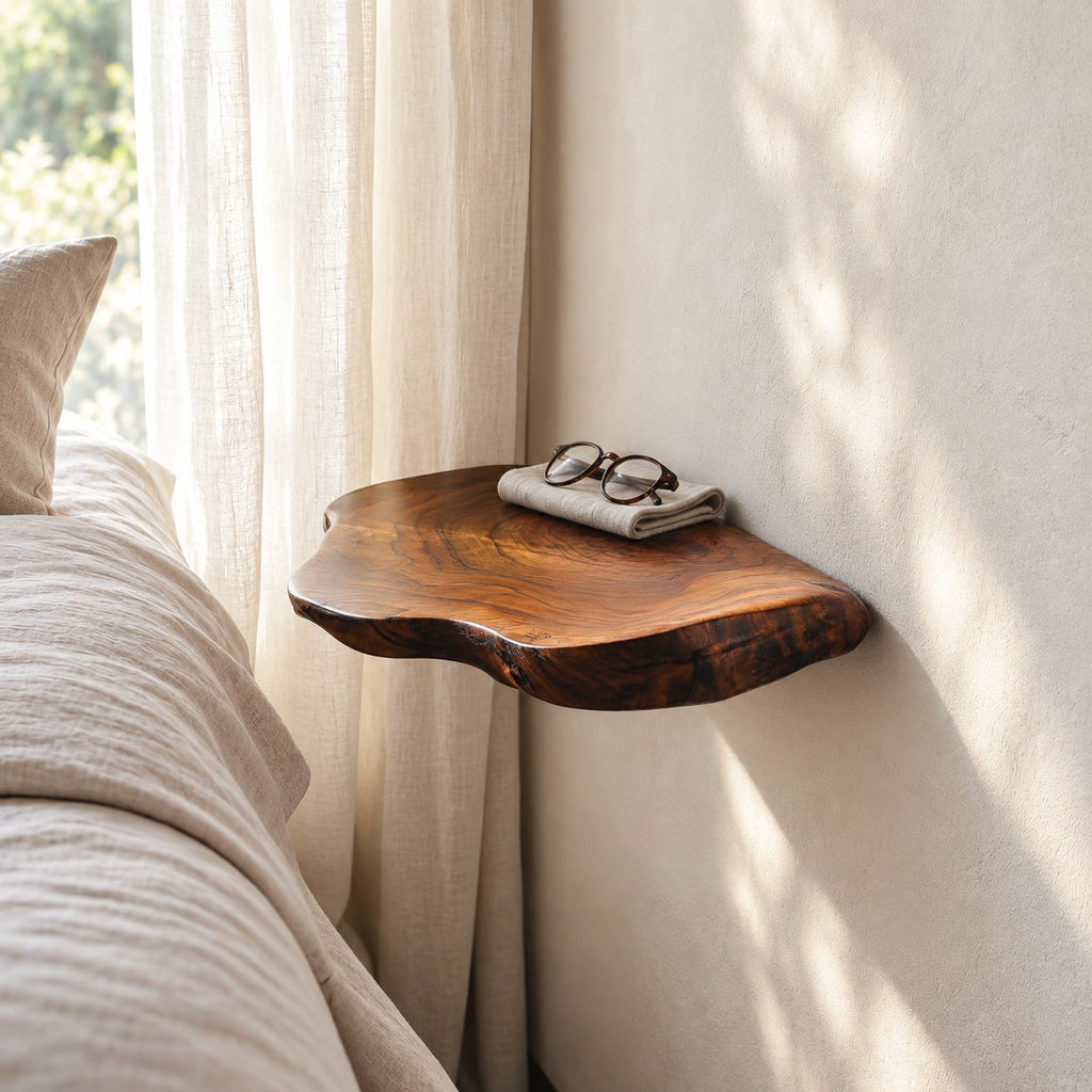 Extra Deep Floating Nightstand Shelf, 18 Inch Organic Live Edge Solid Wood Bedside Wall Shelf for Bedroom