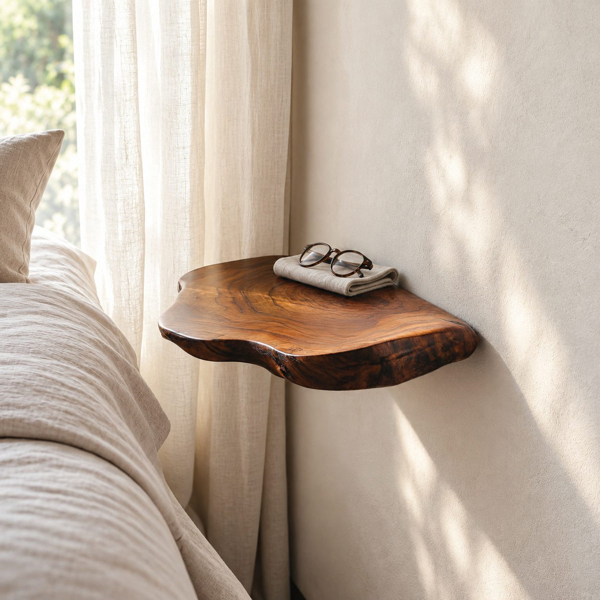 Extra Deep Floating Nightstand Shelf, 18 Inch Organic Live Edge Solid Wood Bedside Wall Shelf for Bedroom