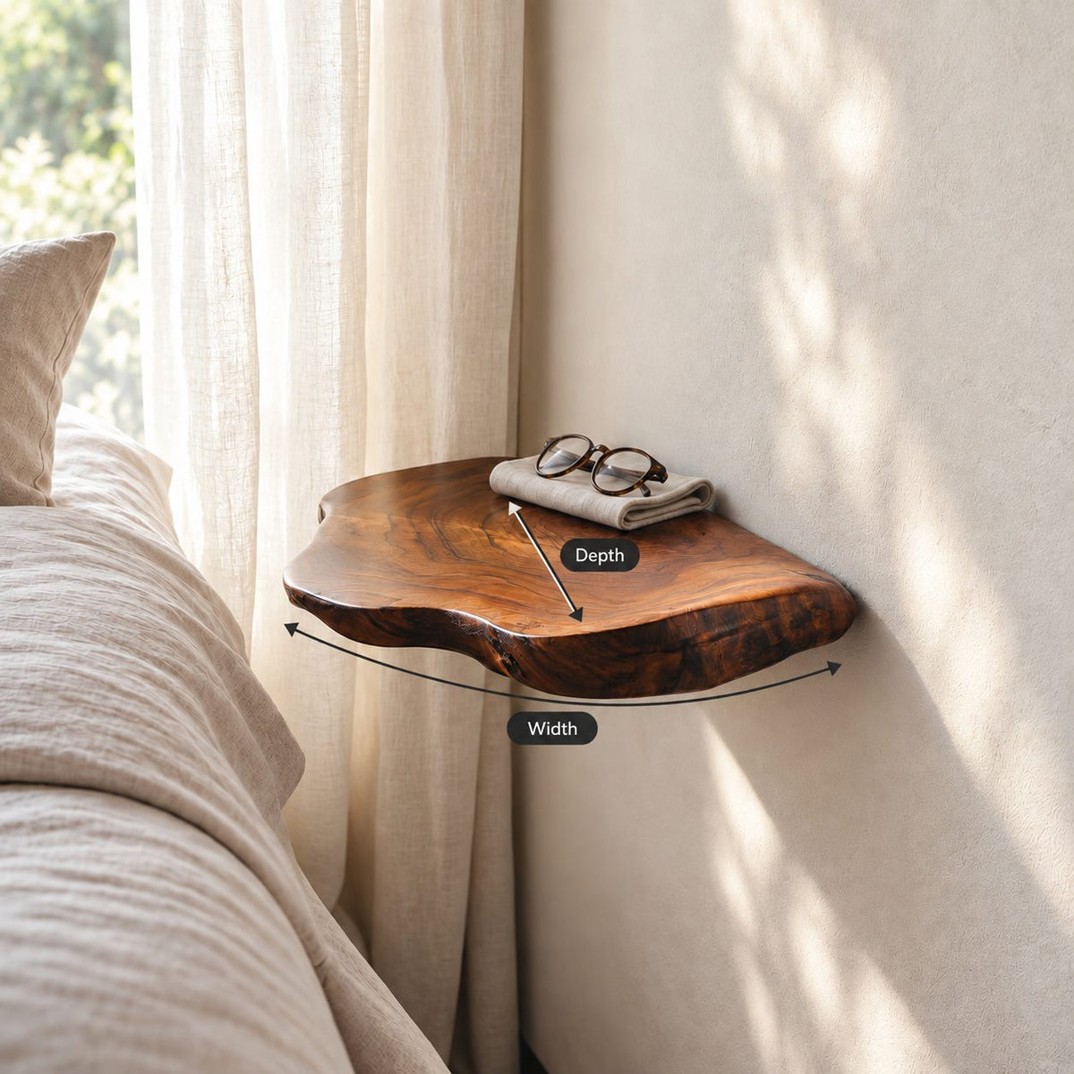 Extra Deep Floating Nightstand Shelf, 18 Inch Organic Live Edge Solid Wood Bedside Wall Shelf for Bedroom