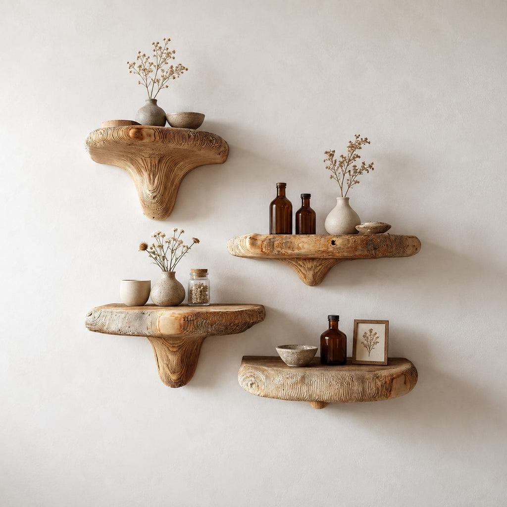 Knotty Rustic Mushroom Floating Shelf, Thick Solid Wood Wall Shelf with Swirled Grain Stem for Bedroom