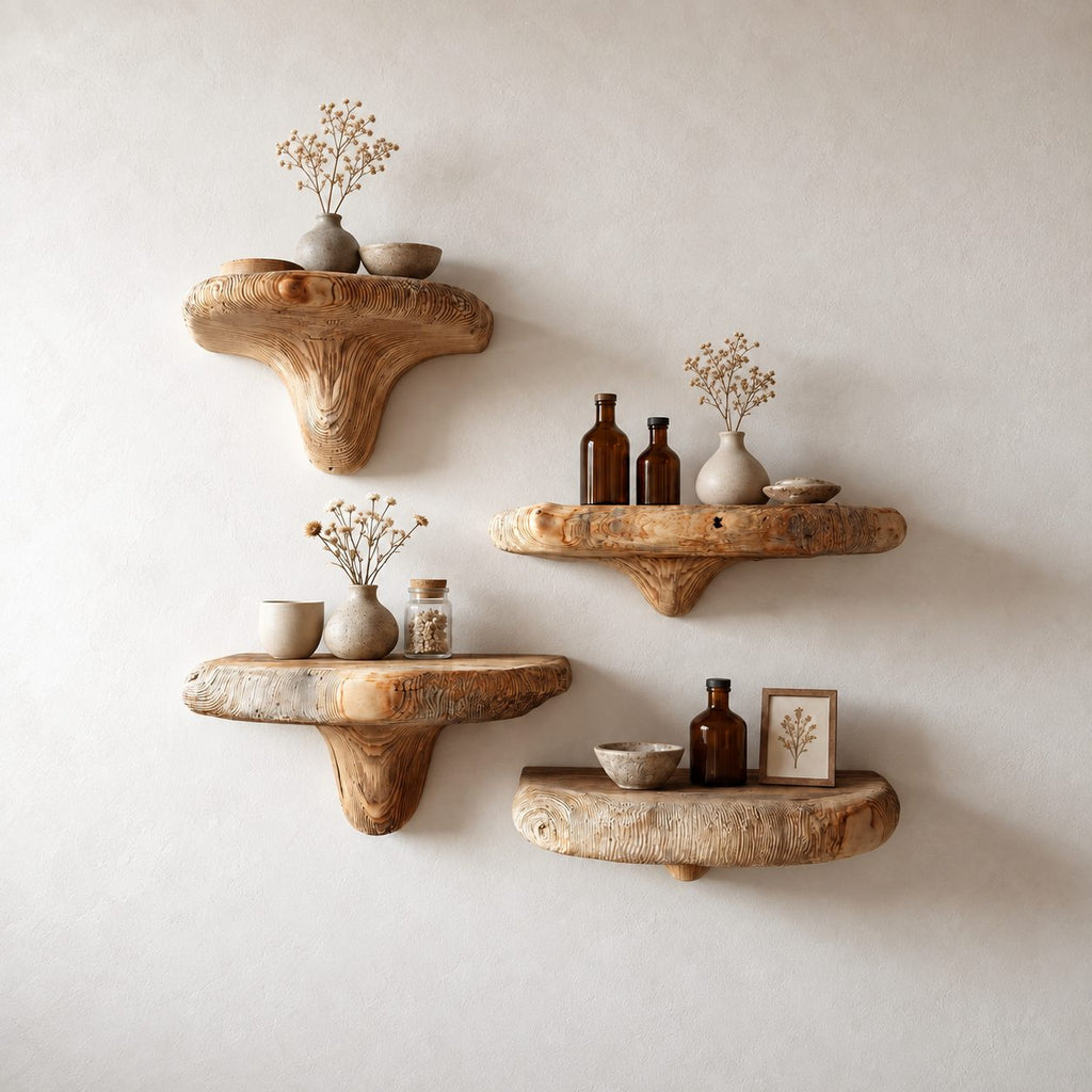 Knotty Rustic Mushroom Floating Shelf, Thick Solid Wood Wall Shelf with Swirled Grain Stem for Bedroom