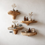 Knotty Rustic Mushroom Floating Shelf, Thick Solid Wood Wall Shelf with Swirled Grain Stem for Bedroom