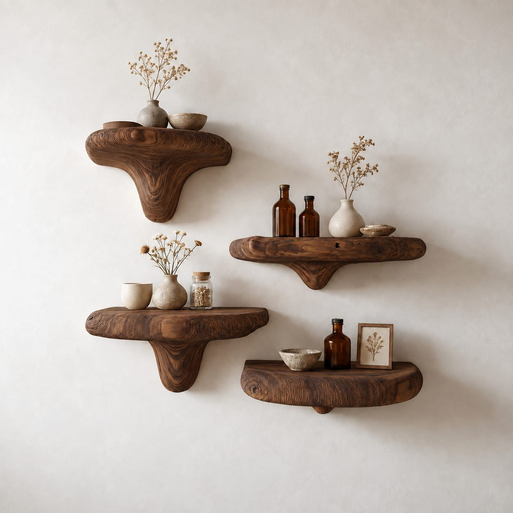 Knotty Rustic Mushroom Floating Shelf, Thick Solid Wood Wall Shelf with Swirled Grain Stem for Bedroom