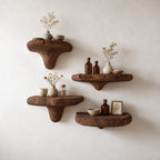 Knotty Rustic Mushroom Floating Shelf, Thick Solid Wood Wall Shelf with Swirled Grain Stem for Bedroom