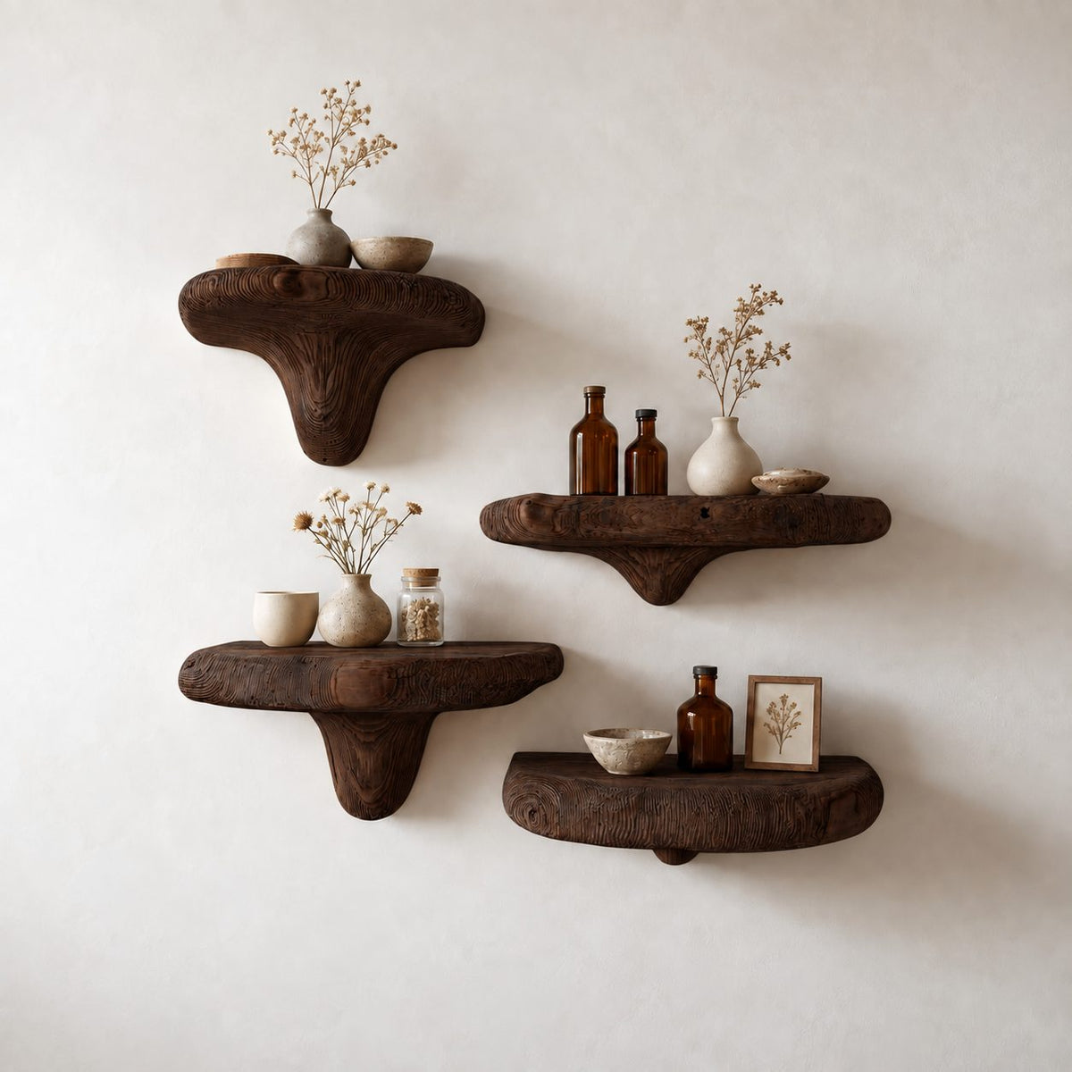 Knotty Rustic Mushroom Floating Shelf, Thick Solid Wood Wall Shelf with Swirled Grain Stem for Bedroom