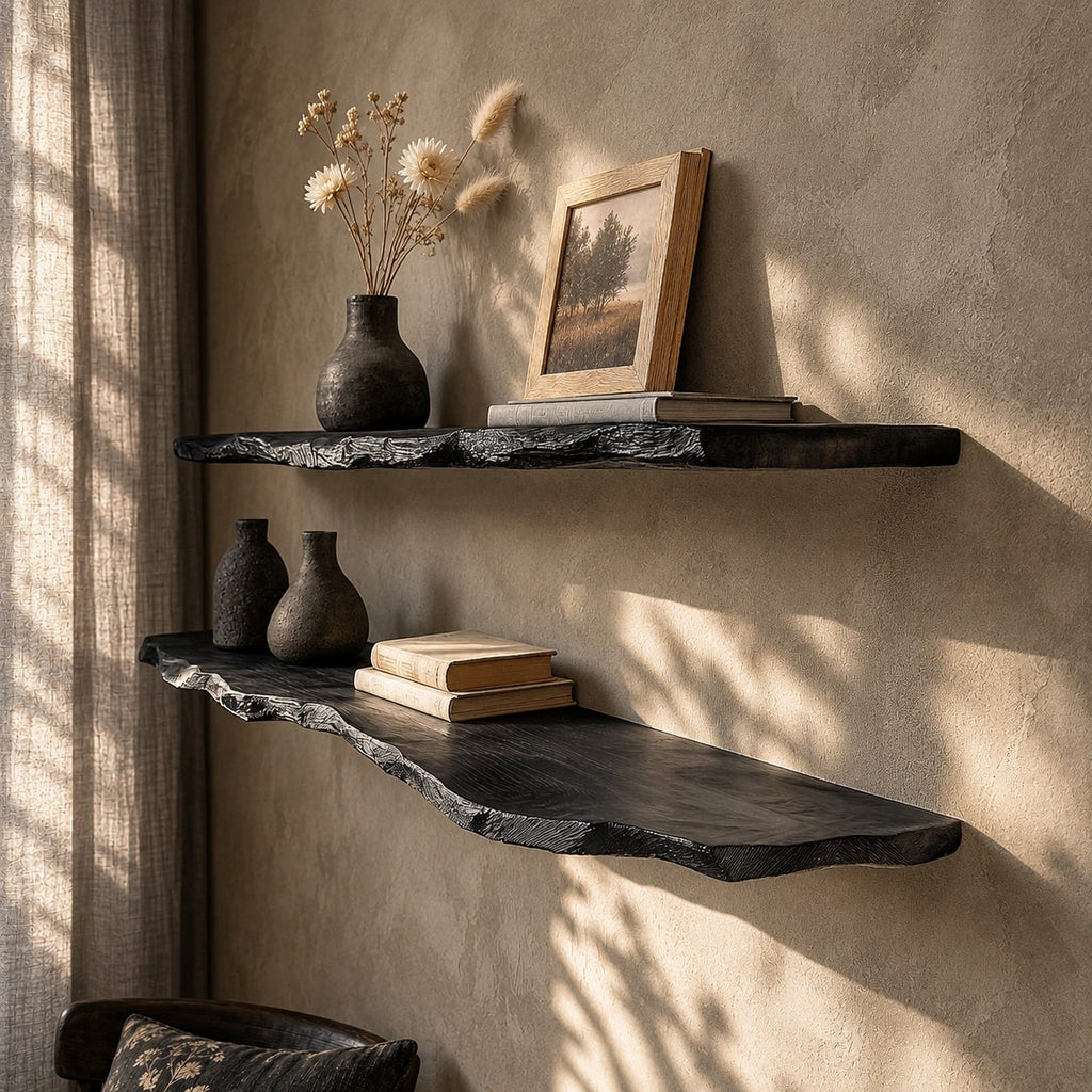 Rustic Modern Live Edge Wall Mounted Shelf, Solid Wood Floating Shelf for Living Room or Study