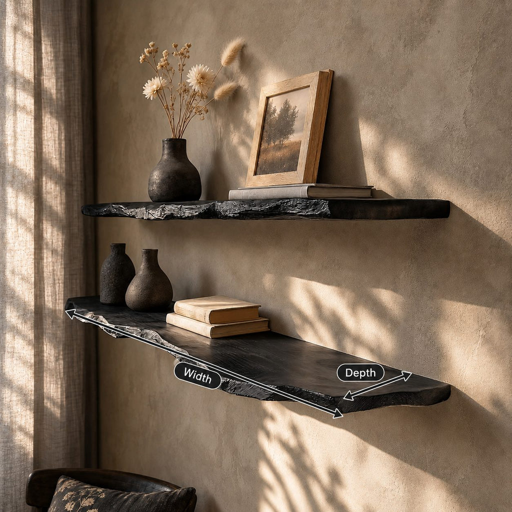 Rustic Modern Live Edge Wall Mounted Shelf, Solid Wood Floating Shelf for Living Room or Study