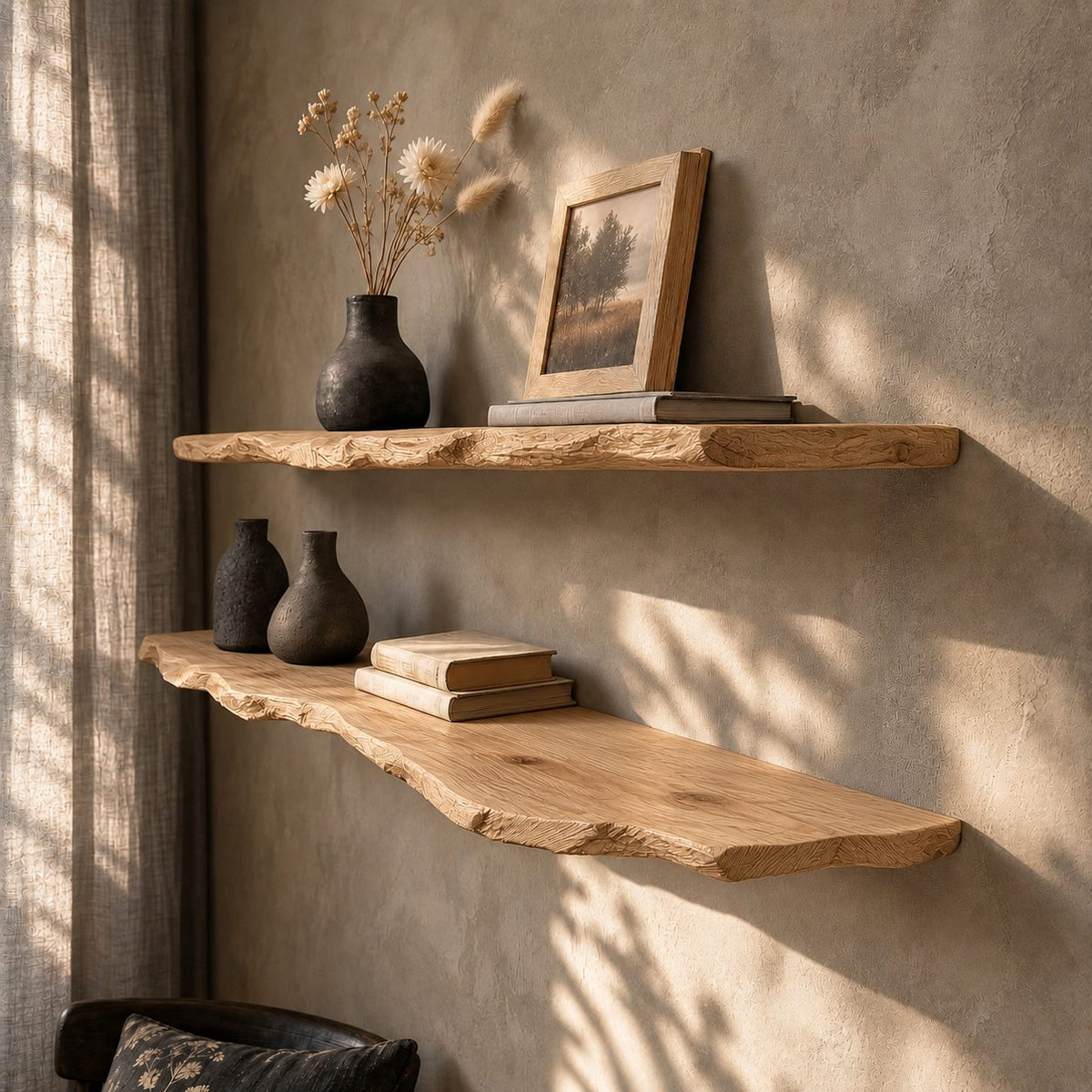 Rustic Modern Live Edge Wall Mounted Shelf, Solid Wood Floating Shelf for Living Room or Study