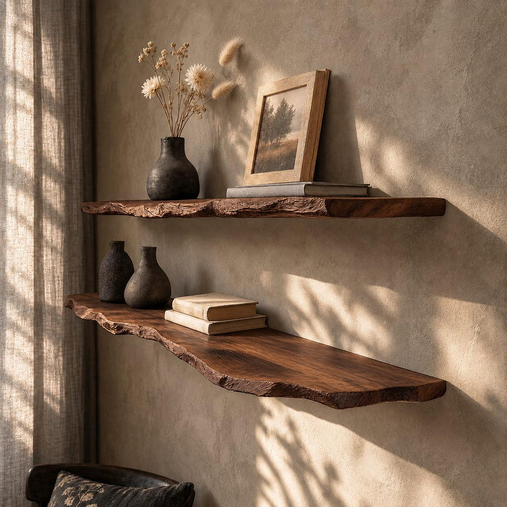 Rustic Modern Live Edge Wall Mounted Shelf, Solid Wood Floating Shelf for Living Room or Study