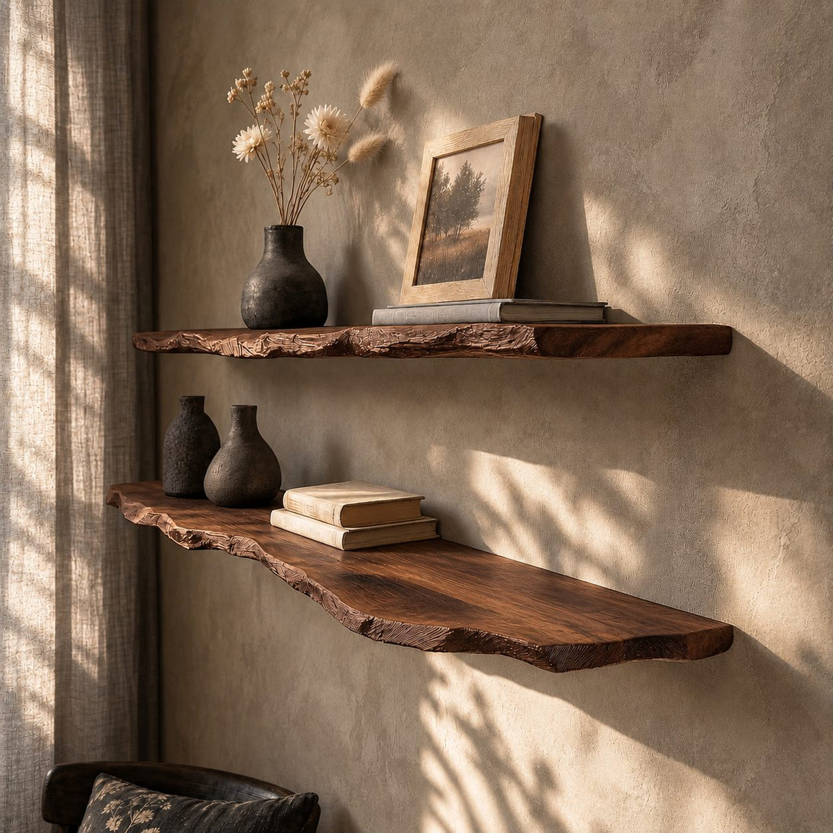 Rustic Modern Live Edge Wall Mounted Shelf, Solid Wood Floating Shelf for Living Room or Study