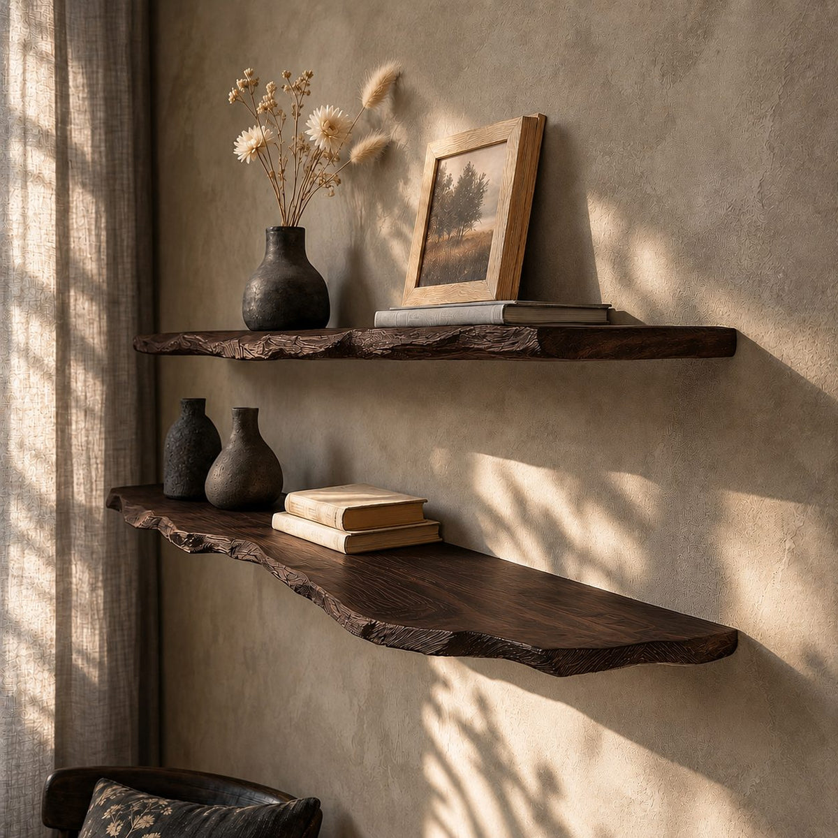Rustic Modern Live Edge Wall Mounted Shelf, Solid Wood Floating Shelf for Living Room or Study