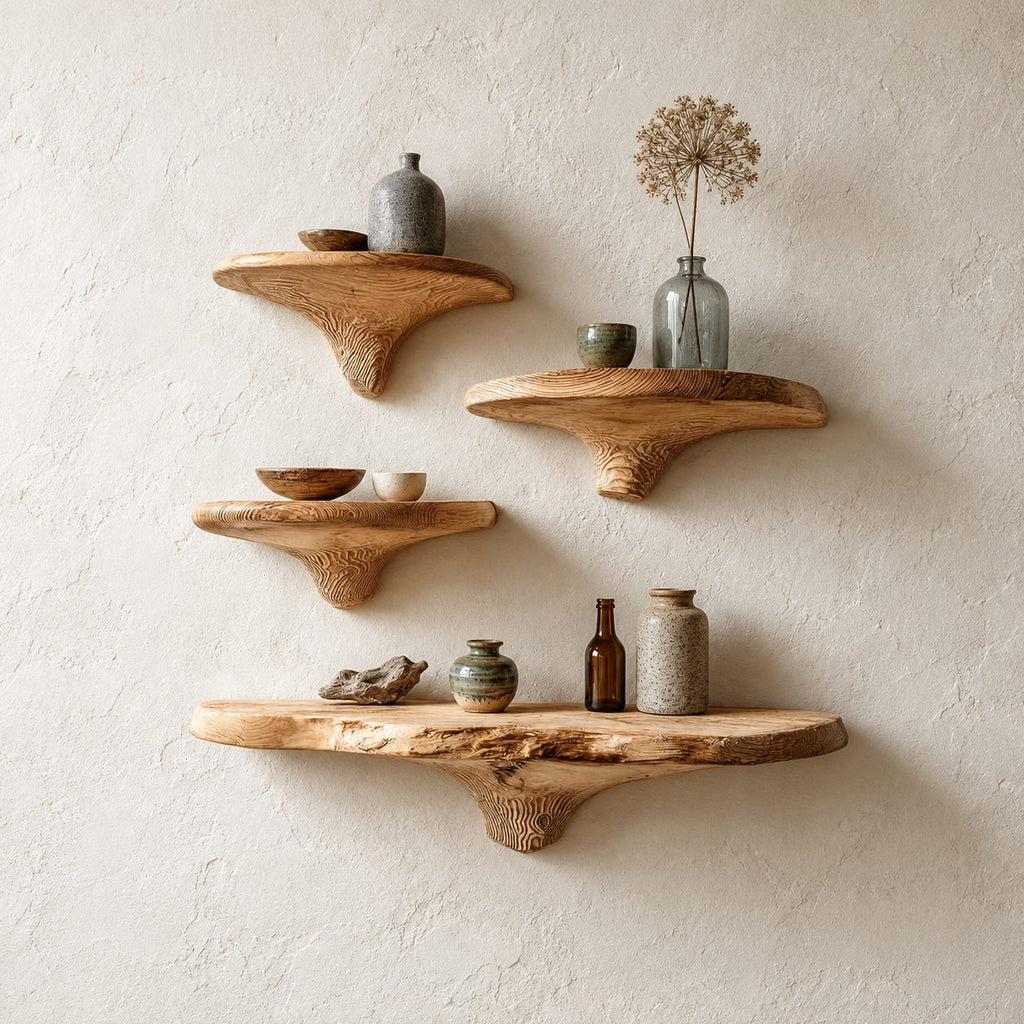 Cone Stem Live Edge Mushroom Shelf, Rough Edge Solid Wood Floating Wall Shelf for Bathroom