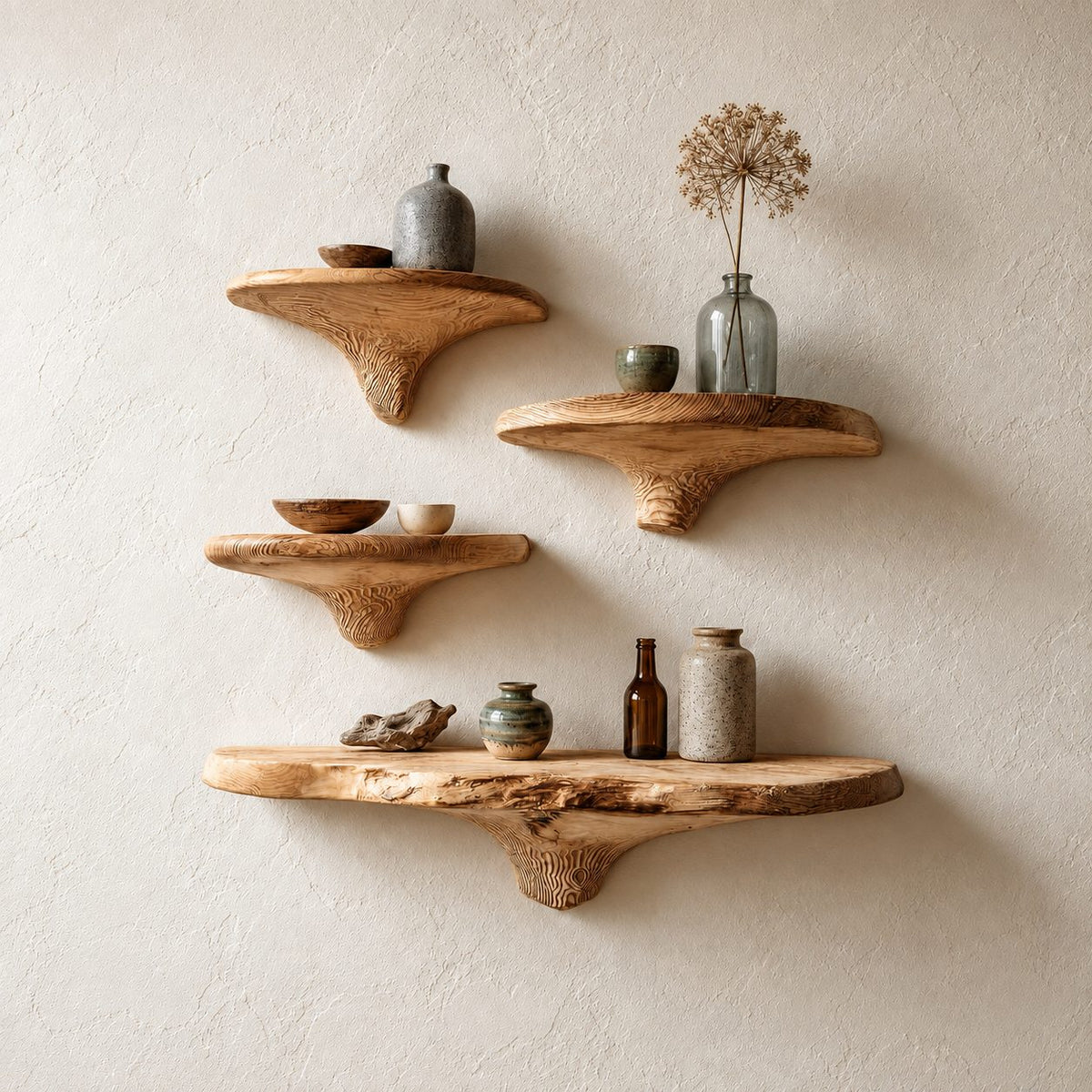 Cone Stem Live Edge Mushroom Shelf, Rough Edge Solid Wood Floating Wall Shelf for Bathroom
