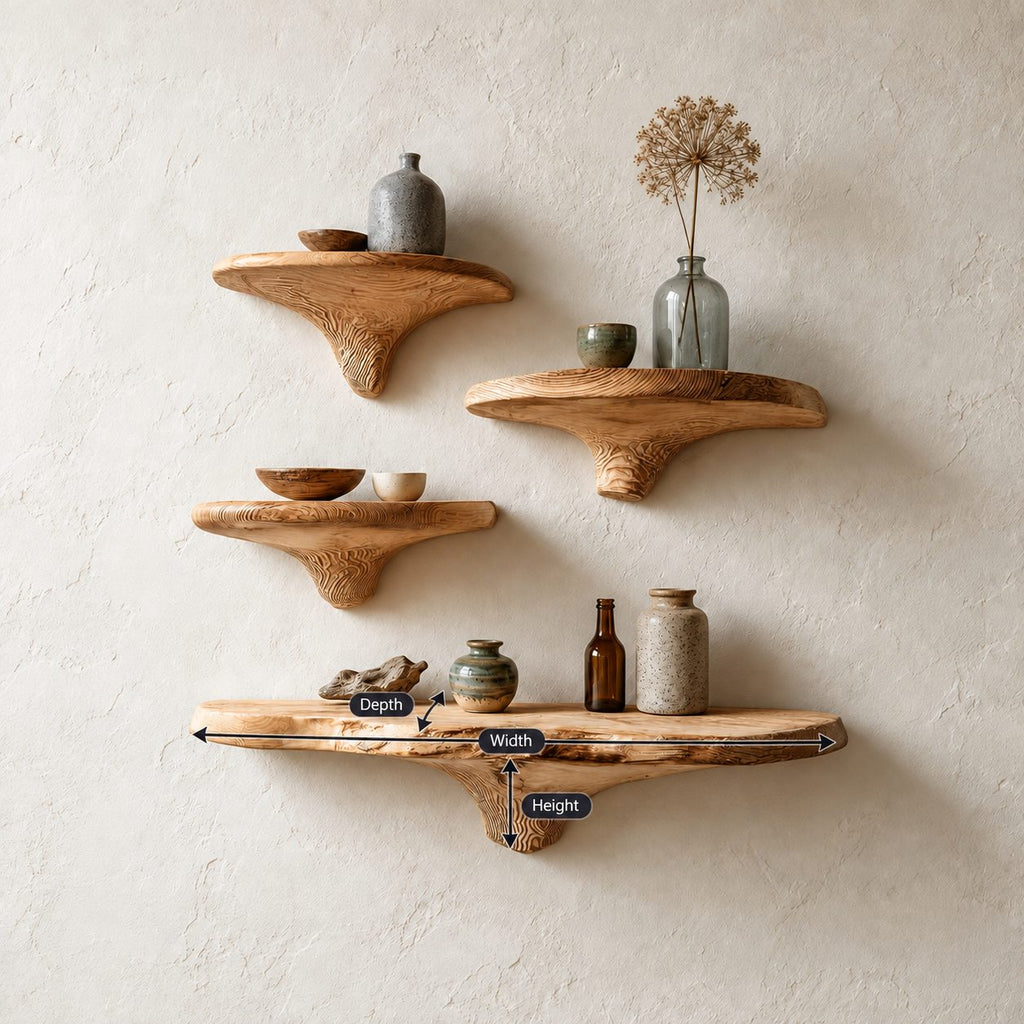 Cone Stem Live Edge Mushroom Shelf, Rough Edge Solid Wood Floating Wall Shelf for Bathroom