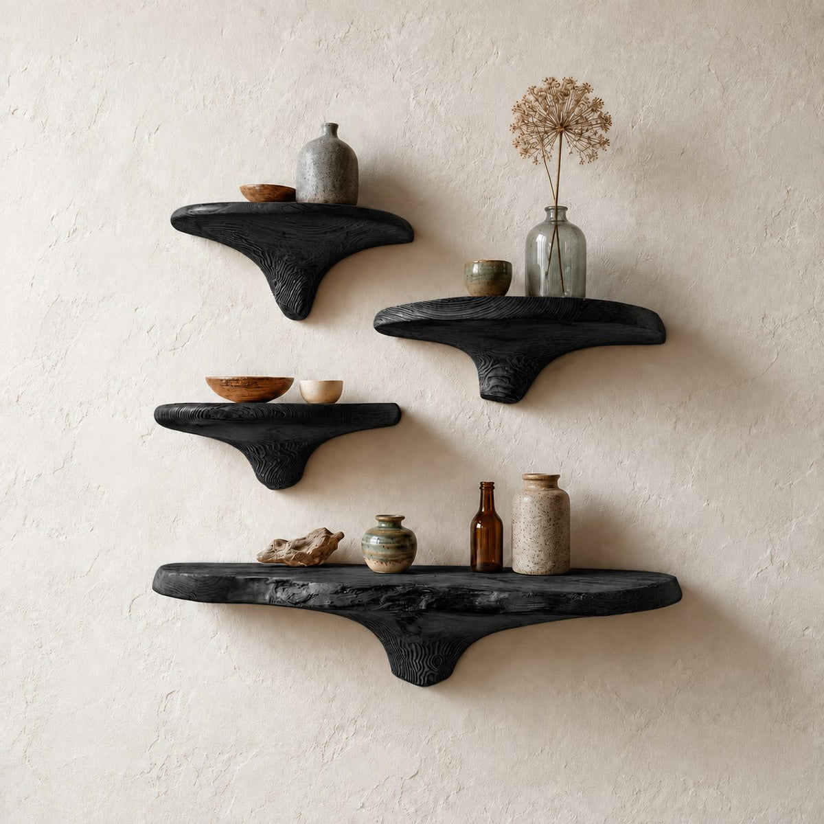 Cone Stem Live Edge Mushroom Shelf, Rough Edge Solid Wood Floating Wall Shelf for Bathroom