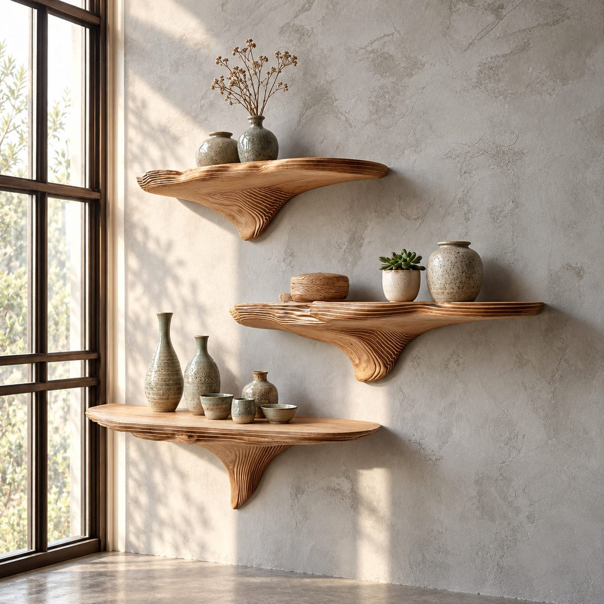 Rippled Contour Mushroom Shelf, Layered Grain Solid Wood Floating Wall Shelf for Bedroom and Window Nook