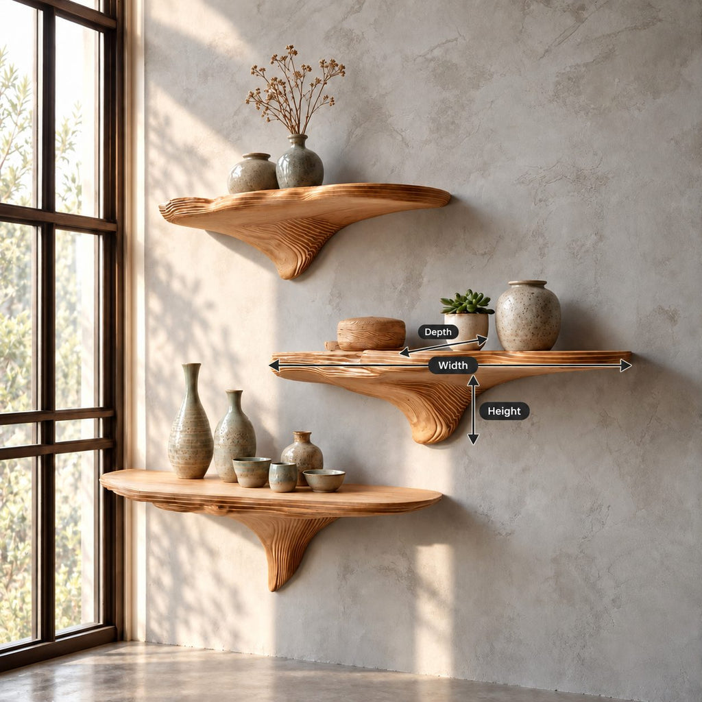 Rippled Contour Mushroom Shelf, Layered Grain Solid Wood Floating Wall Shelf for Bedroom and Window Nook