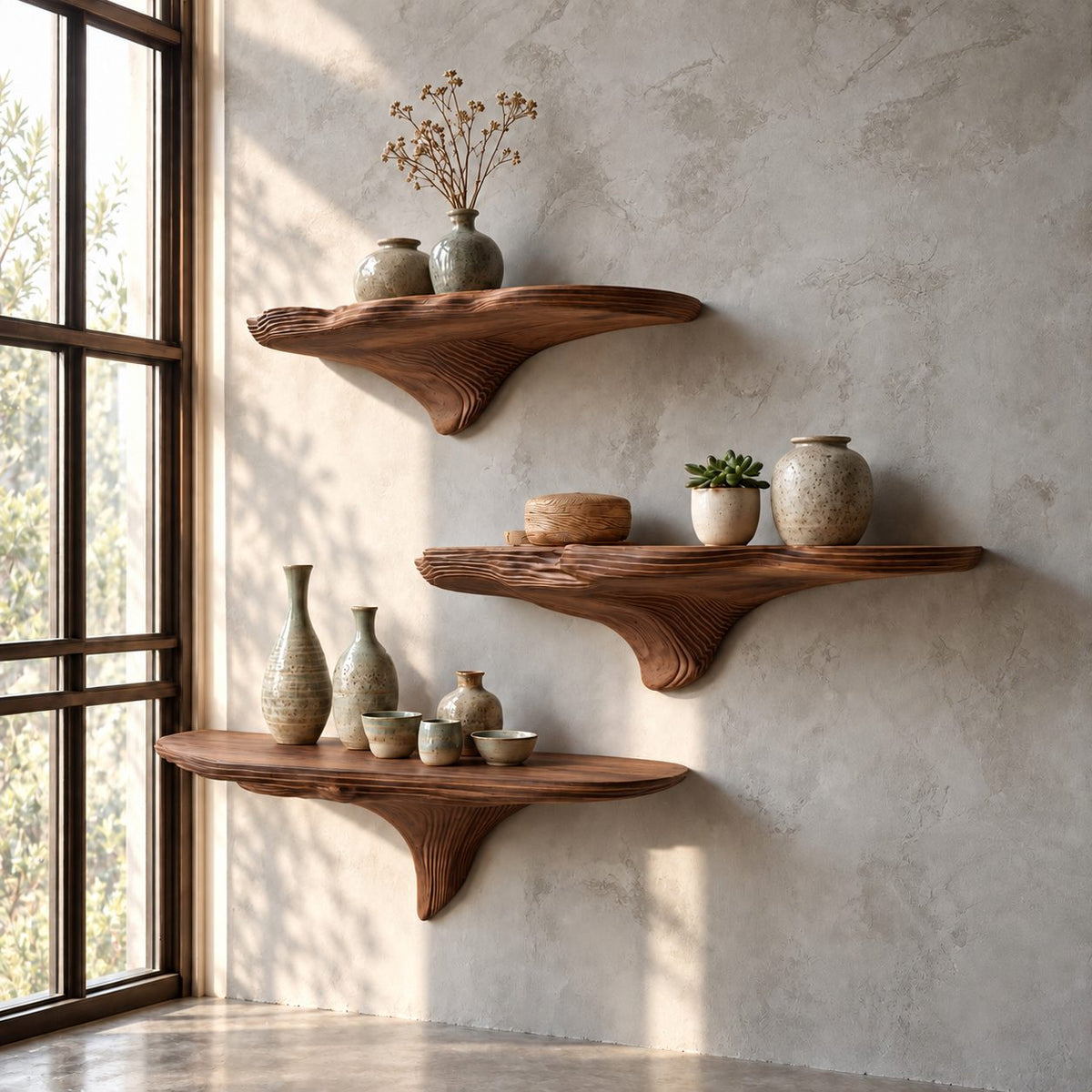 Rippled Contour Mushroom Shelf, Layered Grain Solid Wood Floating Wall Shelf for Bedroom and Window Nook