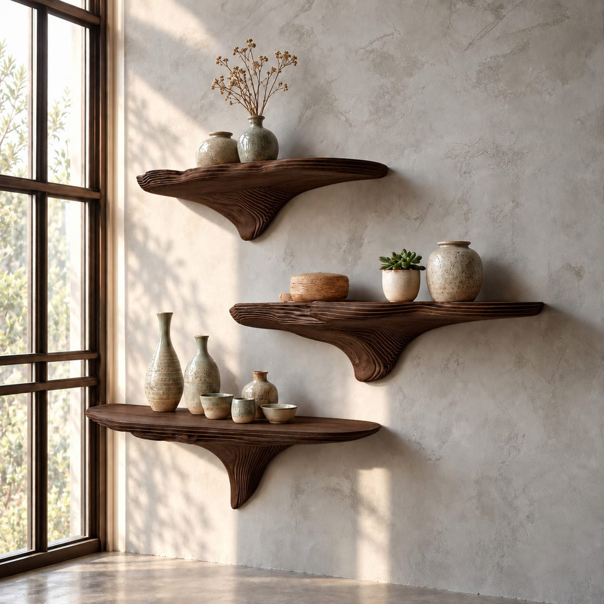 Rippled Contour Mushroom Shelf, Layered Grain Solid Wood Floating Wall Shelf for Bedroom and Window Nook