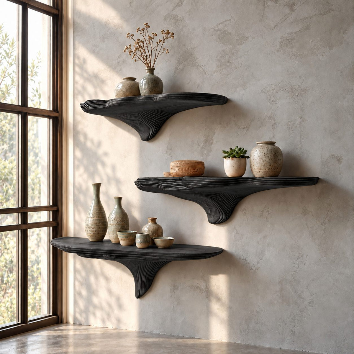 Rippled Contour Mushroom Shelf, Layered Grain Solid Wood Floating Wall Shelf for Bedroom and Window Nook