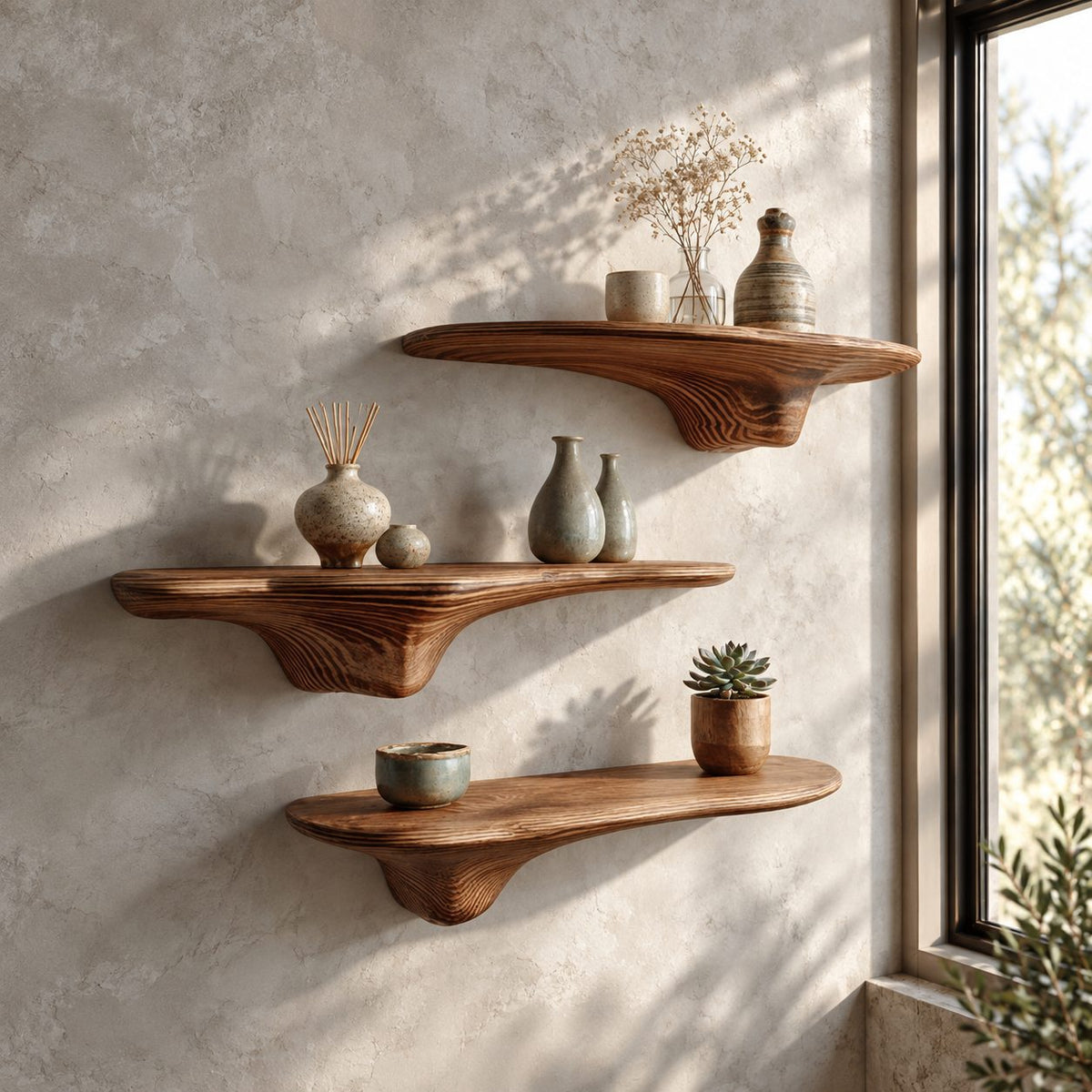 Sweeping Drip Bracket Floating Shelf, Slim Organic Solid Wood Mushroom Wall Shelf for Home Office