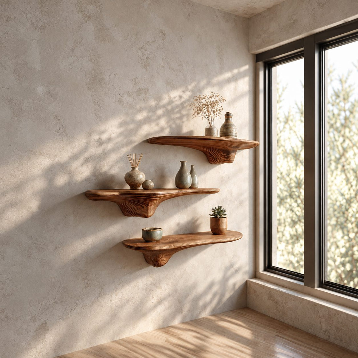 Sweeping Drip Bracket Floating Shelf, Slim Organic Solid Wood Mushroom Wall Shelf for Home Office
