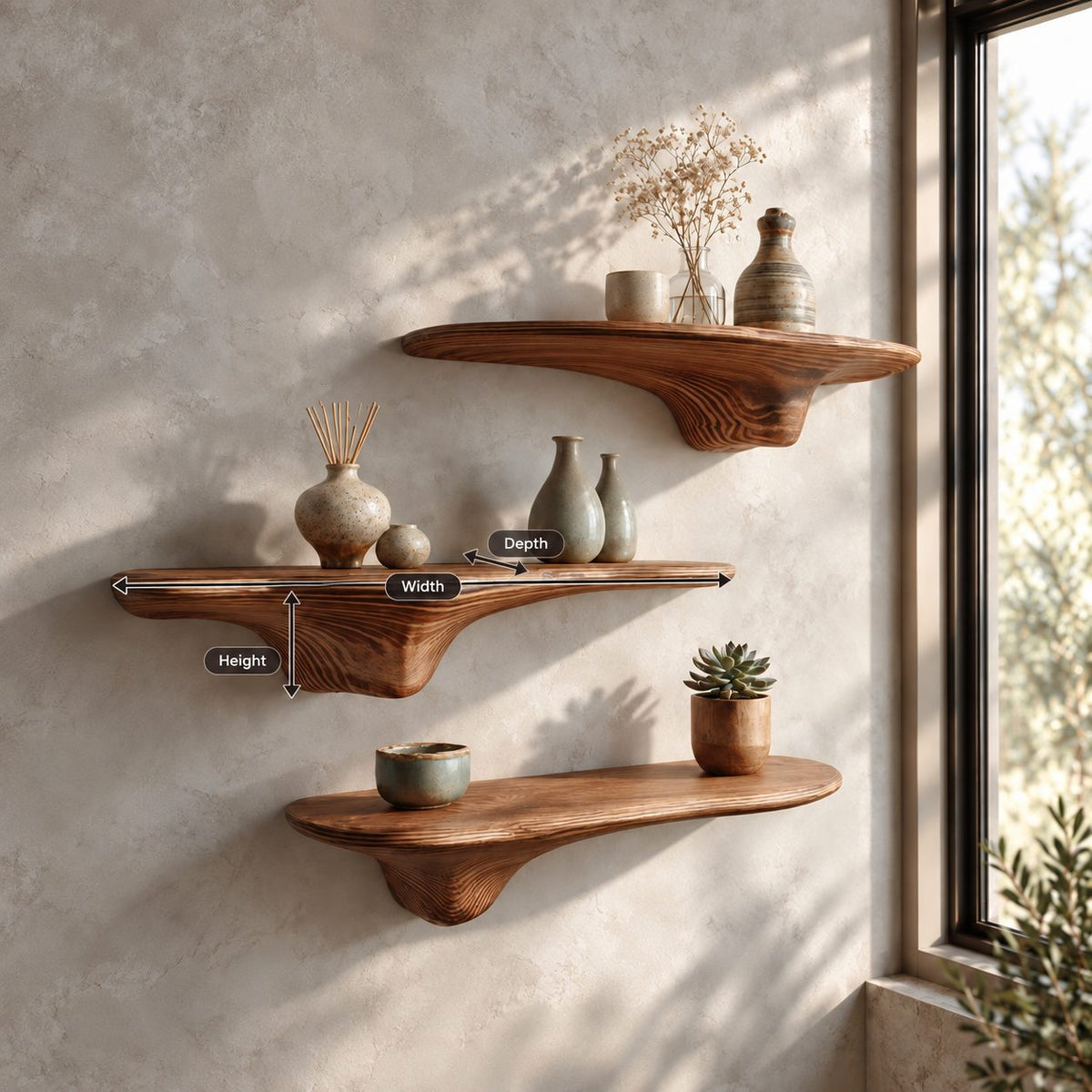 Sweeping Drip Bracket Floating Shelf, Slim Organic Solid Wood Mushroom Wall Shelf for Home Office