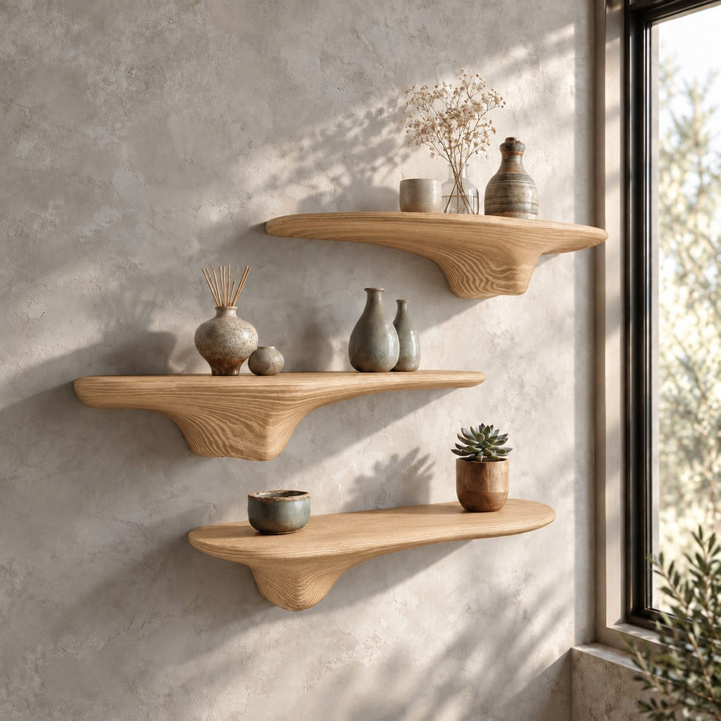 Sweeping Drip Bracket Floating Shelf, Slim Organic Solid Wood Mushroom Wall Shelf for Home Office