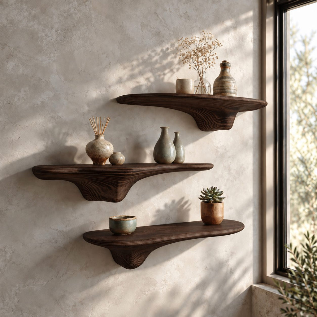 Sweeping Drip Bracket Floating Shelf, Slim Organic Solid Wood Mushroom Wall Shelf for Home Office