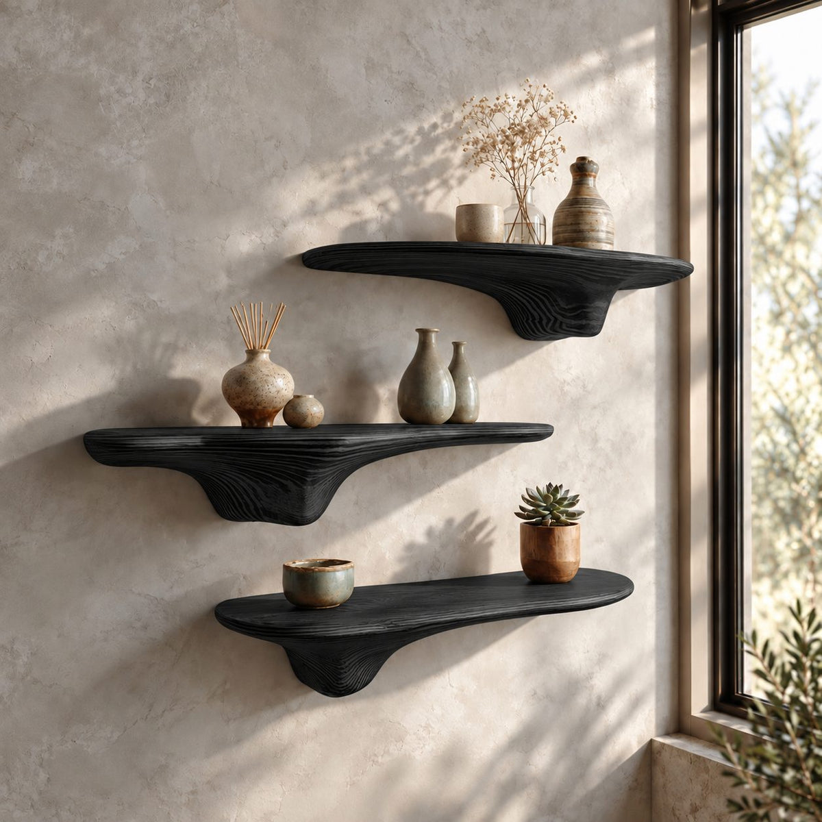 Sweeping Drip Bracket Floating Shelf, Slim Organic Solid Wood Mushroom Wall Shelf for Home Office