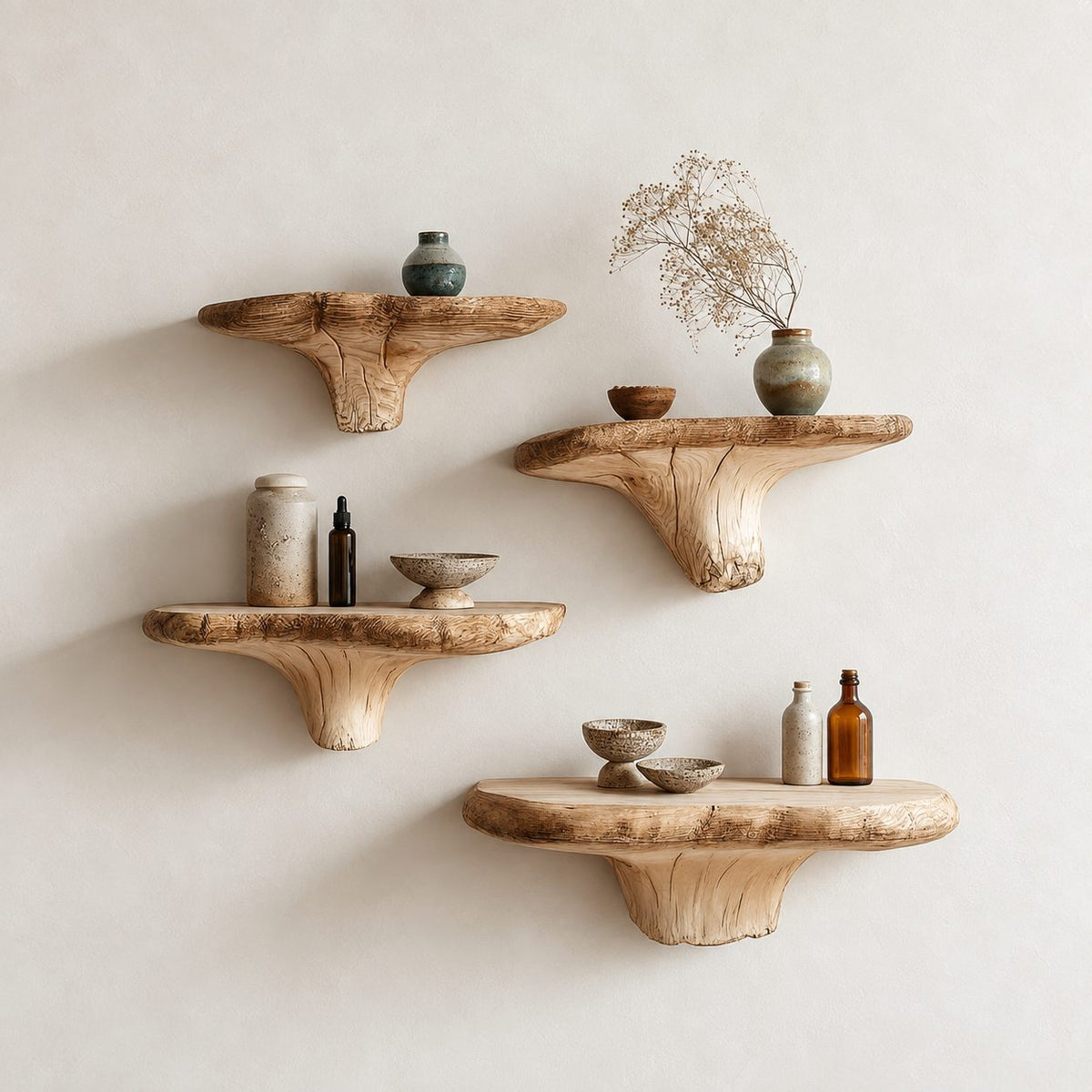 Flared Root Mushroom Floating Shelf, Natural Edge Solid Wood Wall Shelf with Wide Carved Stem for Bedroom