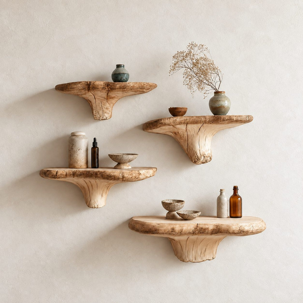 Flared Root Mushroom Floating Shelf, Natural Edge Solid Wood Wall Shelf with Wide Carved Stem for Bedroom