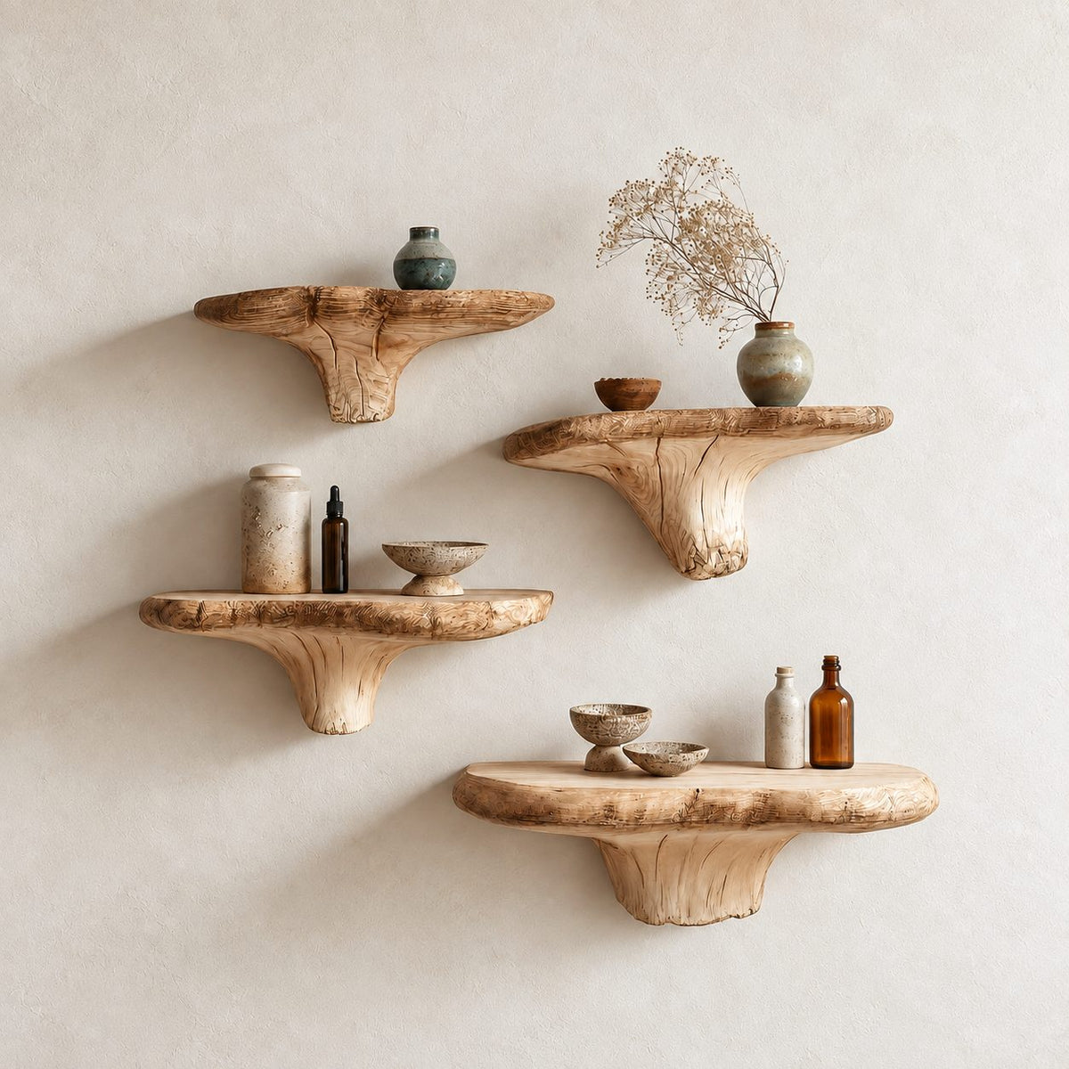 Flared Root Mushroom Floating Shelf, Natural Edge Solid Wood Wall Shelf with Wide Carved Stem for Bedroom