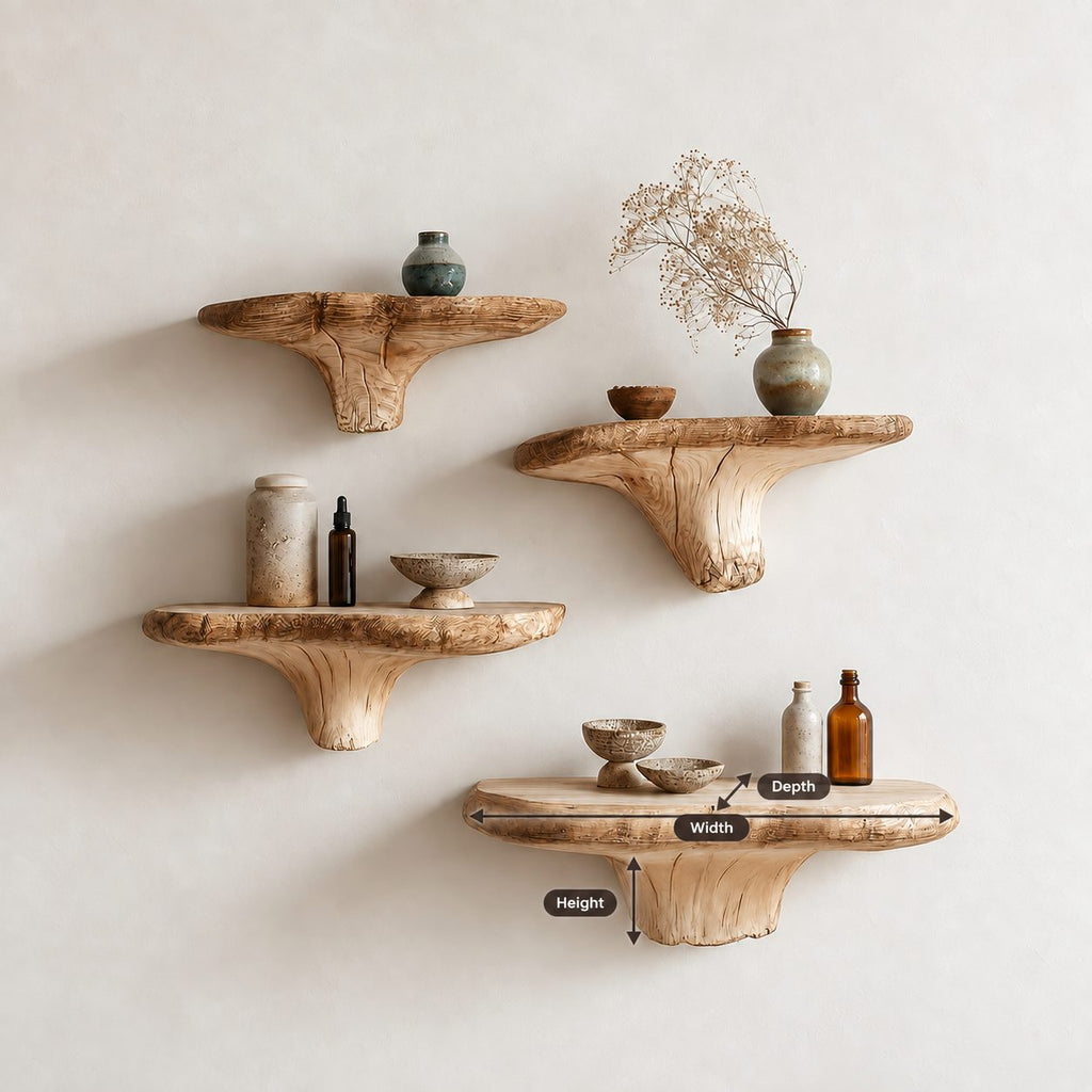 Flared Root Mushroom Floating Shelf, Natural Edge Solid Wood Wall Shelf with Wide Carved Stem for Bedroom