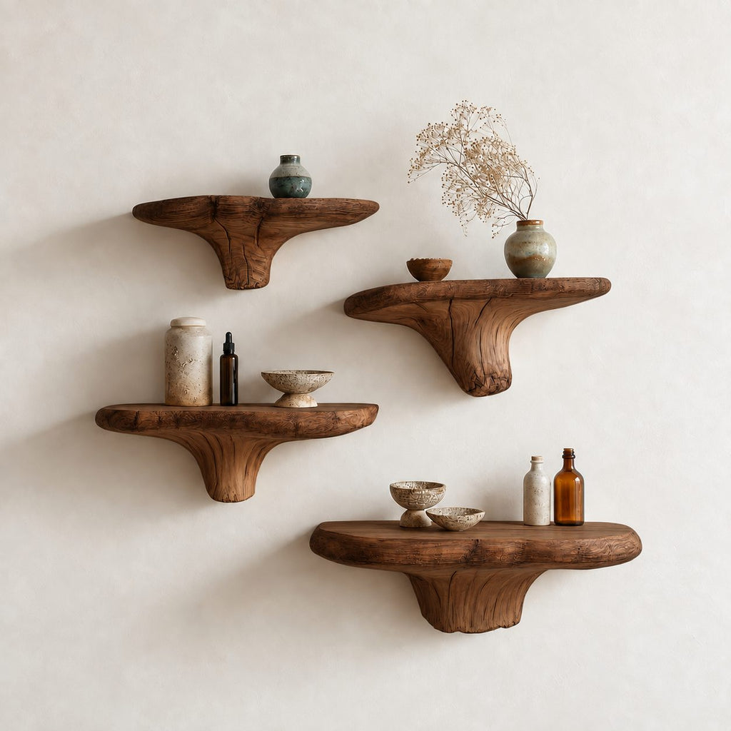 Flared Root Mushroom Floating Shelf, Natural Edge Solid Wood Wall Shelf with Wide Carved Stem for Bedroom