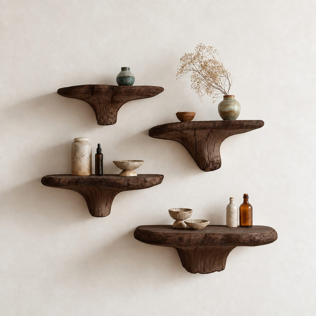 Flared Root Mushroom Floating Shelf, Natural Edge Solid Wood Wall Shelf with Wide Carved Stem for Bedroom