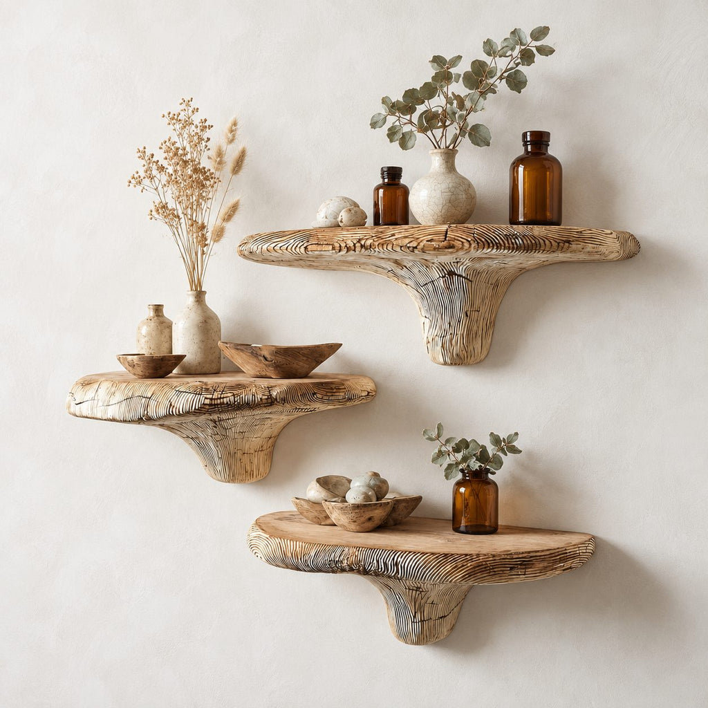 Raked Grain Mushroom Floating Shelf, Textured Solid Wood Wall Shelf with Brushed Ridge Stem for Kitchen