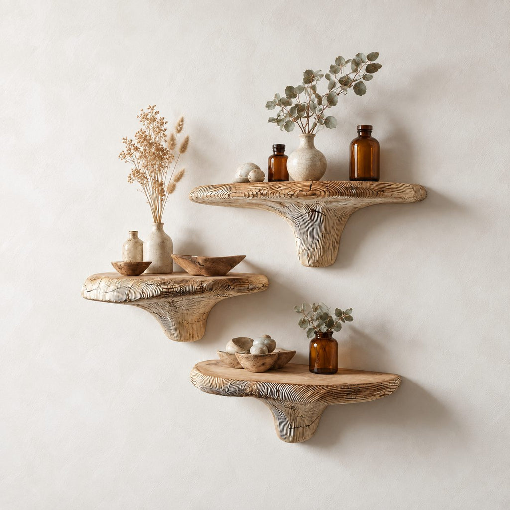 Raked Grain Mushroom Floating Shelf, Textured Solid Wood Wall Shelf with Brushed Ridge Stem for Kitchen