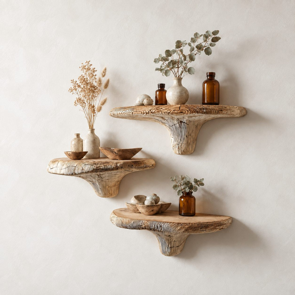 Raked Grain Mushroom Floating Shelf, Textured Solid Wood Wall Shelf with Brushed Ridge Stem for Kitchen
