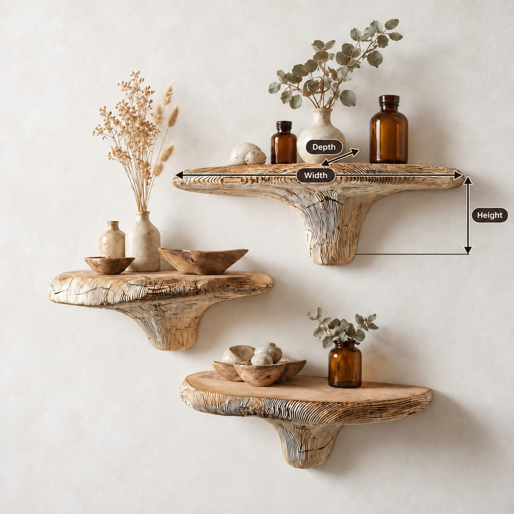 Raked Grain Mushroom Floating Shelf, Textured Solid Wood Wall Shelf with Brushed Ridge Stem for Kitchen