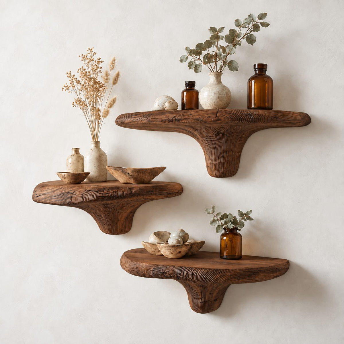 Raked Grain Mushroom Floating Shelf, Textured Solid Wood Wall Shelf with Brushed Ridge Stem for Kitchen