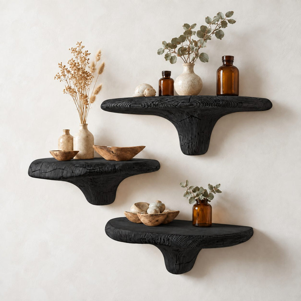 Raked Grain Mushroom Floating Shelf, Textured Solid Wood Wall Shelf with Brushed Ridge Stem for Kitchen