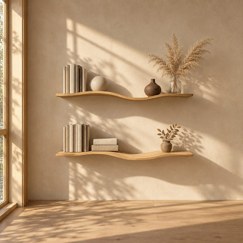 Wavy Wall Shelf, Long Slim Solid Wood Floating Shelf with Gentle Curve for Bedroom or Living Room